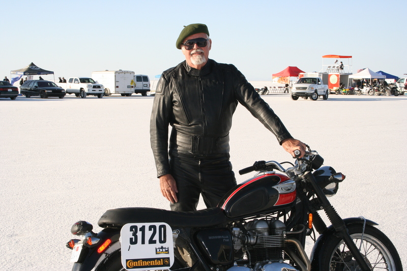 Clem and 2006 Triumph Bonneville at Bonneville Salt Flats in 2010